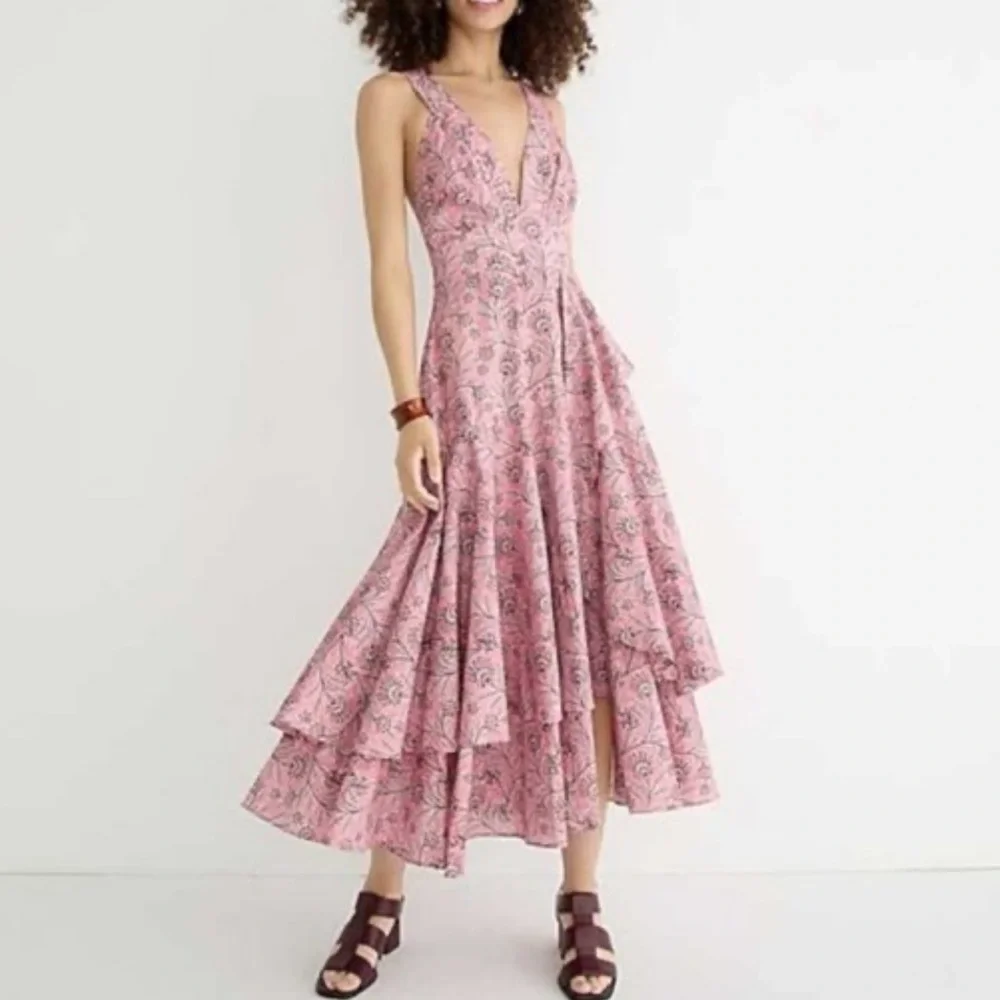 J. Crew Collection cross back tiered ruffle hem midi dress in Ratti coral vines